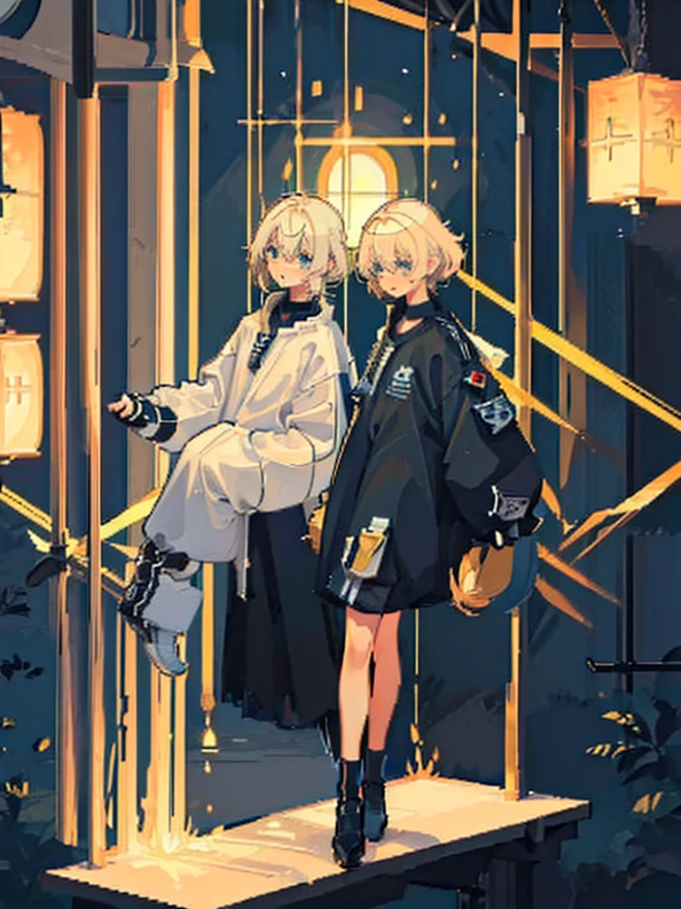 (((Full Body))) (((Twins))) ((Detailed)) They are ***************s twin with blonde hair. One has an energetic and curious expression, dressed in rugged survival attire. Another one appears more serious and focused, also dressed in practical survival gear with a pragmatic touch. 