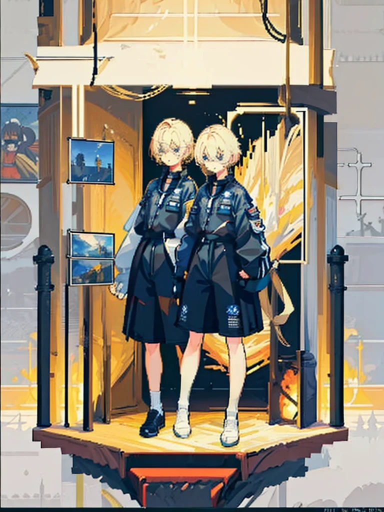 (((Full Body))) (((Twins))) ((Detailed)) They are ***************s twin with blonde hair. One has an energetic and curious expression, dressed in rugged survival attire. Another one appears more serious and focused, also dressed in practical survival gear with a pragmatic touch. 