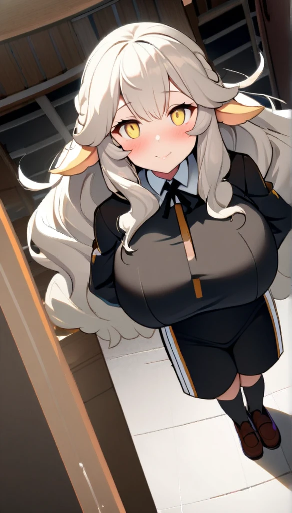 1girl,solo,roll angle,sheep ear,fluffy hair,long hair with a lot of hair,cream hair color,light yellow eye color,Calm face,docile face,blush,huge breasts,slender,Vertical lines academy uniform,short stature,looking at viewer,Taken from the viewpoint above,upturned eyes,standing up,academy
back ground