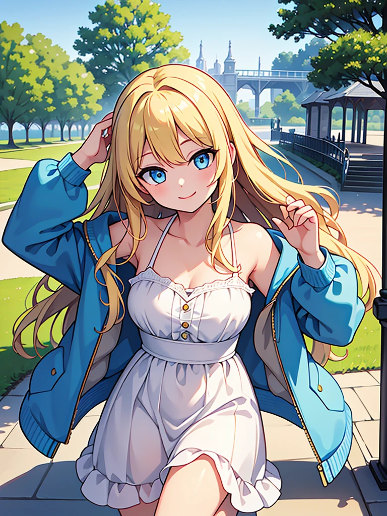 masterpiece, Highest quality, One girl, beautiful, Are you okay, delicate, Very complicated, detailed, Blonde, Jacket, blue eyes, ((masterpiece)), extremely detailed, Highest quality, High resolution, ((at the park)), Bridget, smile,  