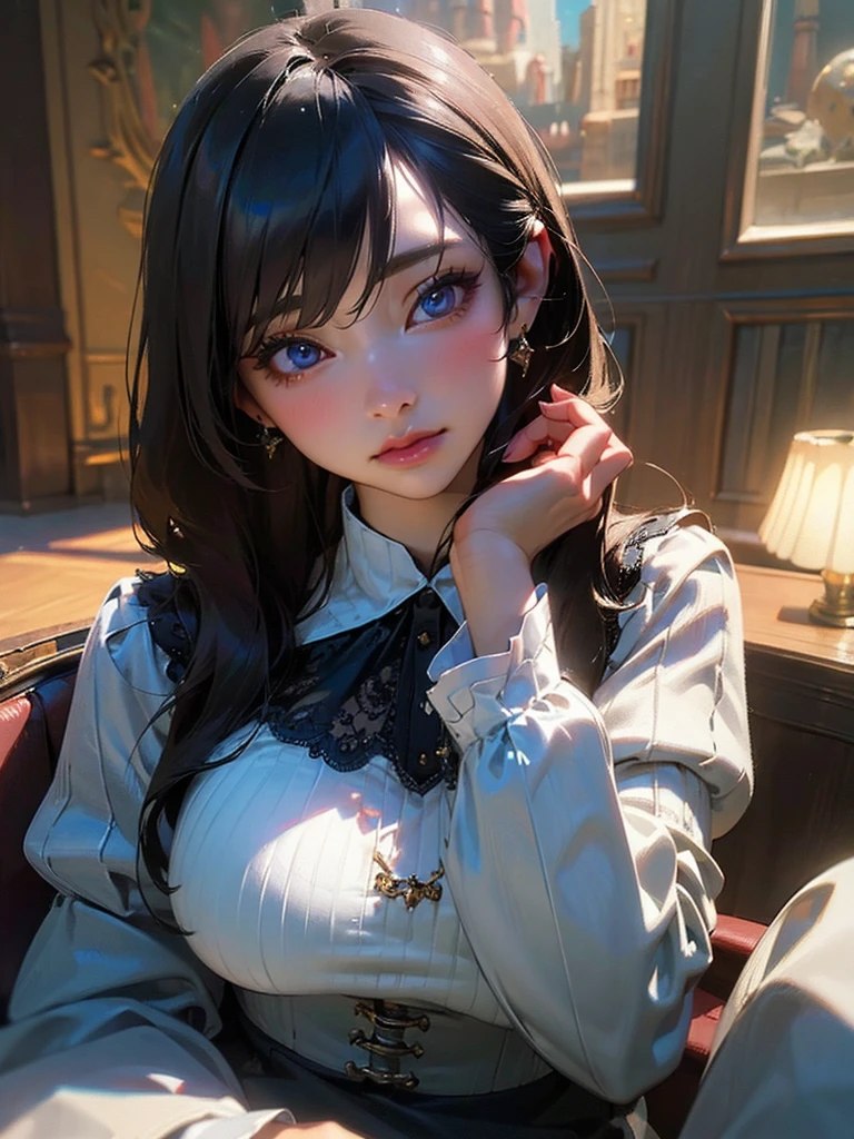 1 girl, beautiful detailed eyes, beautiful detailed lips, extremely detailed face and eyes, long eyelashes, black straight hair, blue eyes, pretty, sitting on a chair, voluptuous, big chest, skinny but curvy, wearing a puffy sleeved uniform, jewelry, 3D, (best quality,4k,8k,highres,masterpiece:1.2),ultra-detailed,(realistic,photorealistic,photo-realistic:1.37), dramatic lighting, vibrant colors, intricate details, elegant, fantasy, concept art