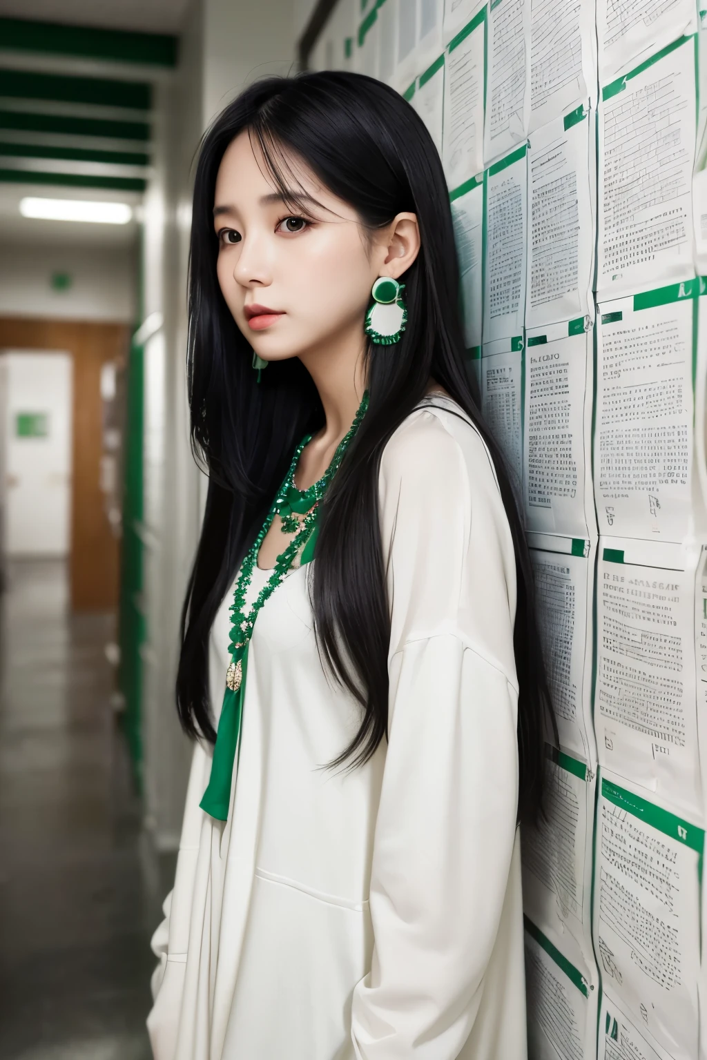 1 Girl,Lonely,Persistence,(white|green|slope_Long black hair),jewelry,Earrings, necklace,{JK}, Newspaper wall,Medium chest,Clothes writing,, Very detailedな, 8k wallpaper, Very detailed, Highest quality,fashionable,Julia,An ennui look,Emotional