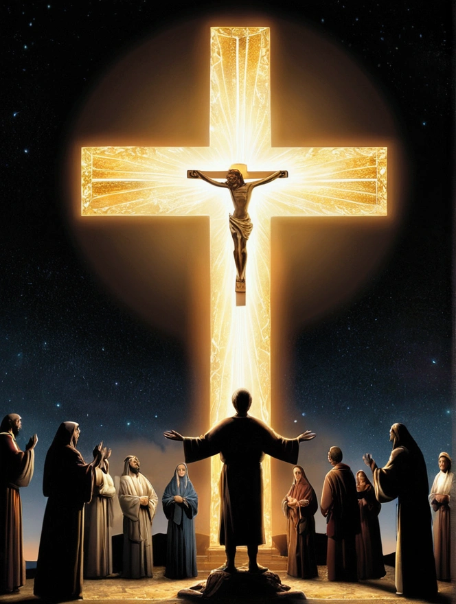 "Generate an AI-powered image that encapsulates the message of John 3:16. Envisioning a World Illuminated by God's Love, With a dazzling ray of light that pierces through the darkness. At the heart of this awe-inspiring scene, Cross描いた, Symbolizes the Sacrifice of God's Only Begotten Son. Cross、Diverse and united people from all walks of life々Group of, Representing the Inclusivity of God's Love. This image is、It should convey a deep sense of redemption, Grace, And the promise of eternal life."