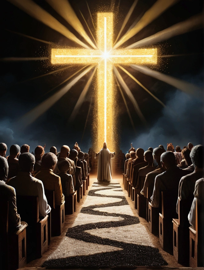 "Generate an AI-powered image that encapsulates the message of John 3:16. Envisioning a World Illuminated by God's Love, With a dazzling ray of light that pierces through the darkness. At the heart of this awe-inspiring scene, Cross描いた, Symbolizes the Sacrifice of God's Only Begotten Son. Cross、Diverse and united people from all walks of life々Group of, Representing the Inclusivity of God's Love. This image is、It should convey a deep sense of redemption, Grace, And the promise of eternal life."