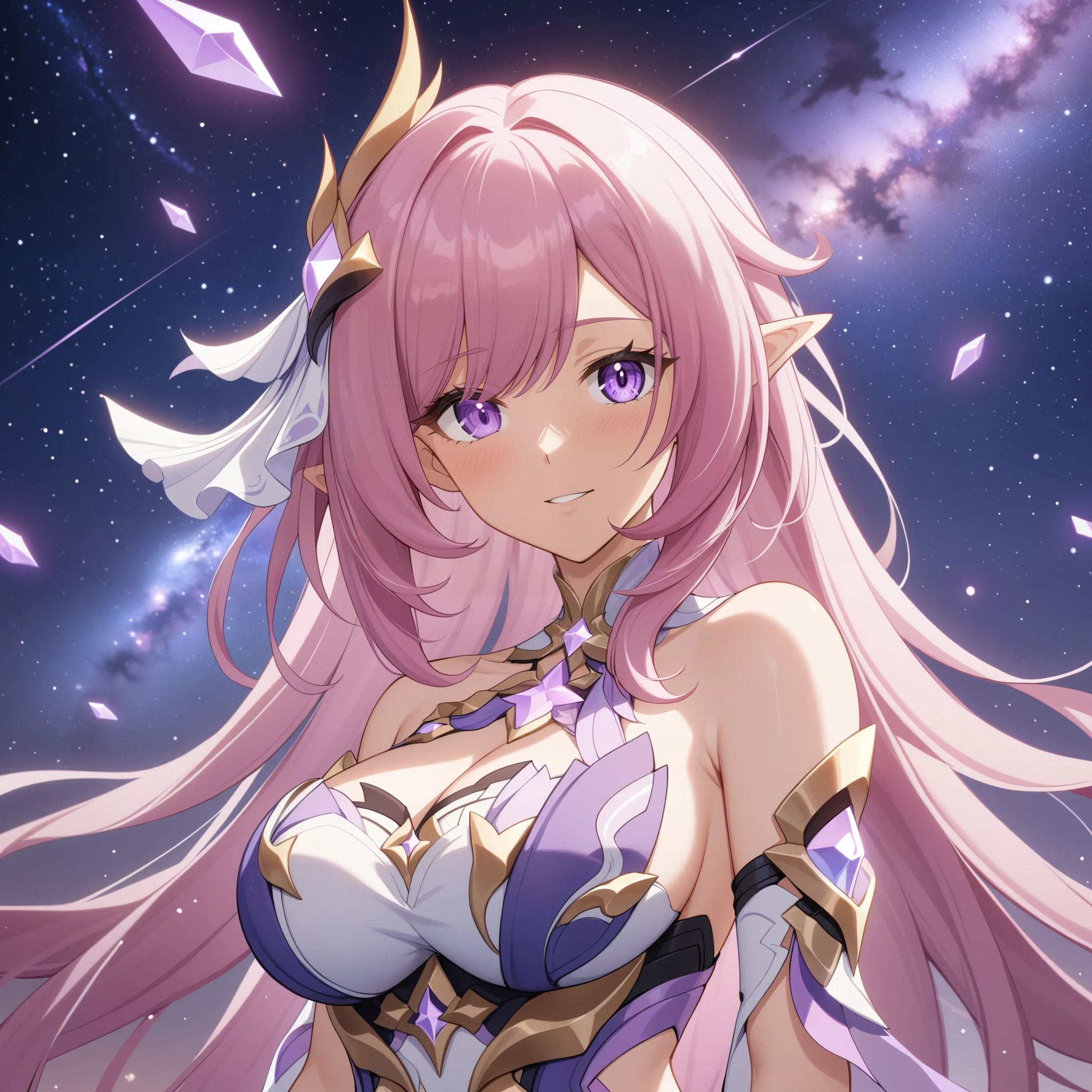 ai-generated,very aesthetic,1girl,elysia_/(herrscher_of_human:ego/)_/(honkai_impact/),pointed_ears,pink_hair,dreamy anime fantasy background,raytracing,light purple eyes,floating,light particles,dsmile,starry sky, shooting stars,celestial,intricate,large breasts,long eyelashes,goddess,(best quality,4k,8k,highres,masterpiece:1.2)