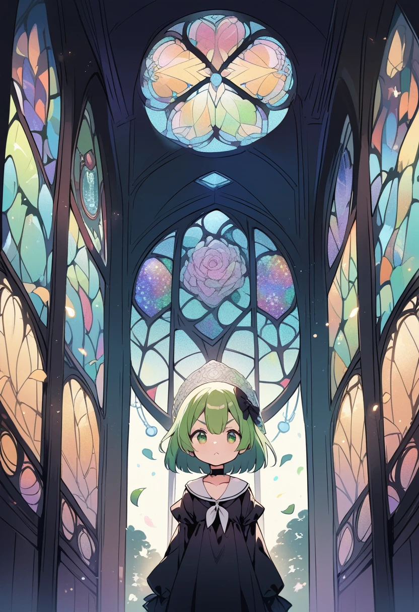 (loli:1.4),(little female child:1.4), cute face, 6 years old,kawaii, (highlight on eyes:1.1), small breast, (jiggly:0.8), shiny skin,(mini girl:1.5),
BREAK
(green maro eyebrows:1.3), :<, (jitome:1.1),pouty and slightly grumpy,(medium green hair:1.2),pout,disgusted eyes, green eyes, puffy eyes,
BREAK
breathtalking Scenery, breathtalking Beauty, breathtalking Cute,scenery, (best quality, masterpiece:1.2), (ultra high quality:1.2),smooth soft skin, natural skin,
BREAK
floral point black nun dress, nun veil,choker,excessive detailed collarbone,bare collarbone, long hem,wide shot,long shot,dynamicangle,
BREAK
(multi-layered flower shaped stained glass),(stain glass inspired by leaf mark), (rose shaped stained glass),(music note effect fused with stained glass),(heart shaped Church windows),nature theme,(Giant stained glass leaf),(Multiple stained glass musical note),Atrium structure,ceiling,tiffany,dust particles,anime,