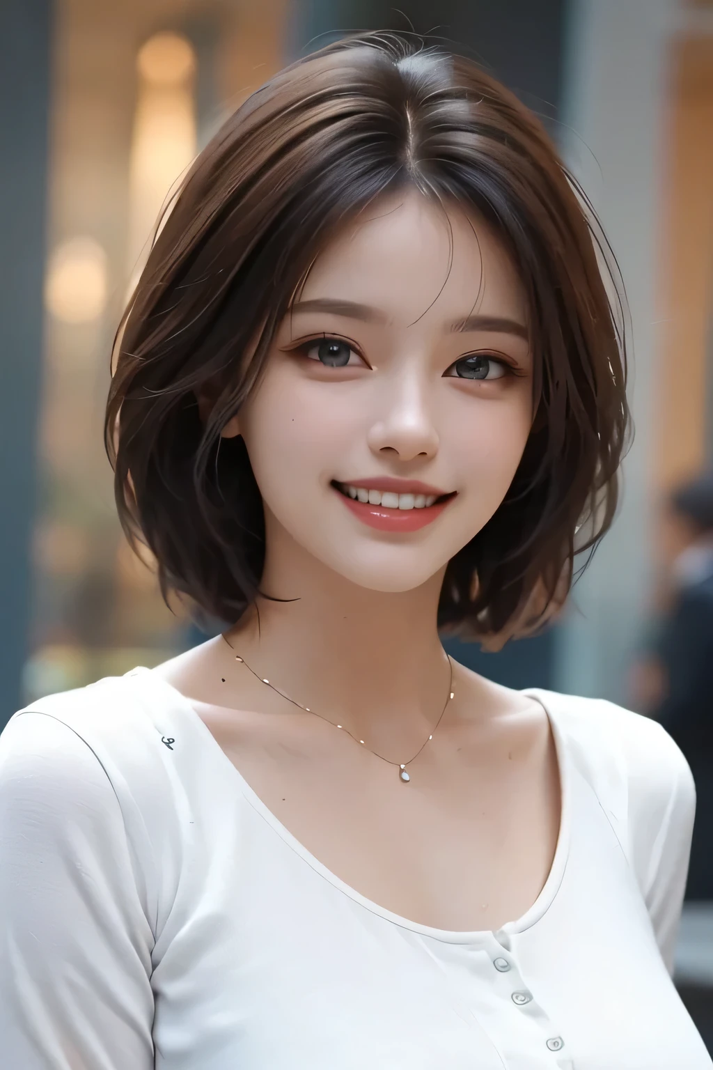 ((masterpiece)), ((Highest quality)), ((Complex)), ((Surreal)), (Realistic), (Mature Woman), ((There are no classes)), Very detailed, (1 female), Beautiful and exquisite, (Beautiful Teeth), Grin, Brunette Bob Hair, Brown eyes, ((blouse)), (Upper Body), (background:none), Perfect Eyes, Captivating eyes, Looking at the audience