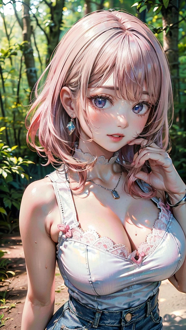(Masterpiece, BestQuality:1.3), (ultra detailed:1.2), (hyperrealistic:1.3), (RAW photo:1.2), High detail RAW color photo, professional photograph, (Photorealistic:1.4), (realistic:1.4), (Pink Hair:1.5), professional lighting, perfect anatomy, (Big Breasts:1.2), (blush, detailed face), (cheerful Smile:1.5), Trending Hair&Trending Hairカラーをランダムに, earrings, necklace, bracelet, sexly, erotic sexly, Random sexy gravure poses, (On a path in the forest、Sexy woman walking in white lace top and denim skirt。The background is a lush forest、Accessory: silver bracelet。: 1.3)