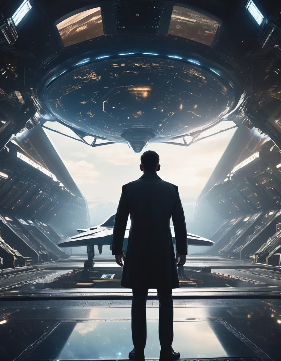 Cinematic photography ((ohwx man)) in a universe experiencing itself., embodying the body, fantasy, renaissance aesthetics, digital painting, concept art, clear focus, illustrations . 35mm photography, film, bokeh, professional, 4k, high detail, spaceship on background, hangar