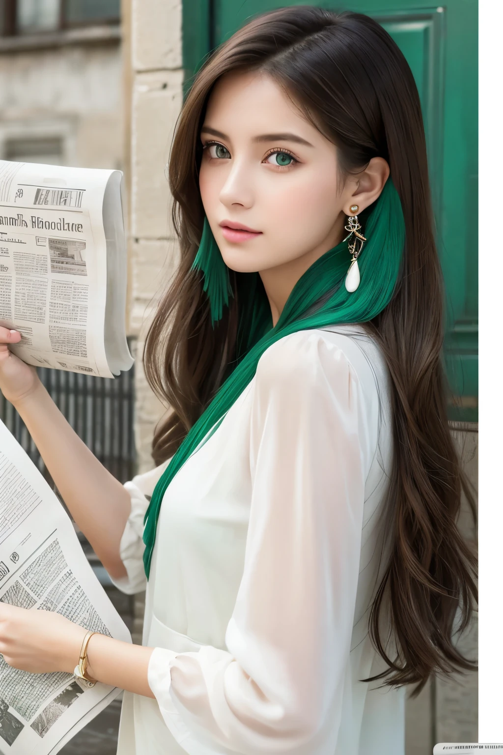 1 Girl,Captivating Eyes,Persistence,(white|green|slope_Long Hair),jewelry,Earrings, necklace,{Beauty}, Newspaper wall,European atmosphere,Medium chest,Clothes writing,, Very detailedな, 8k wallpaper, Very detailed, Highest quality,fashionable,Julia,intellectual