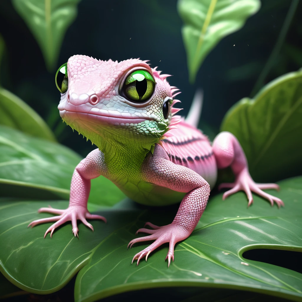 highly realistic cute and adorable baby lizard with a nice curly tail and a pink body perched on a big green leaf, detailed reptile eyes, catchlights, particles, hyperrealistic fantasy art, hyper realistic fantasy creature, ultra realistic 3d illustration, by Adam Marczyński, 3 d epic illustrations, hyperrealistic concept art, stunning photo real concept art, hyperrealistic 3d digital art, national geographic, professional photography, unreal engine, hdr, 8k