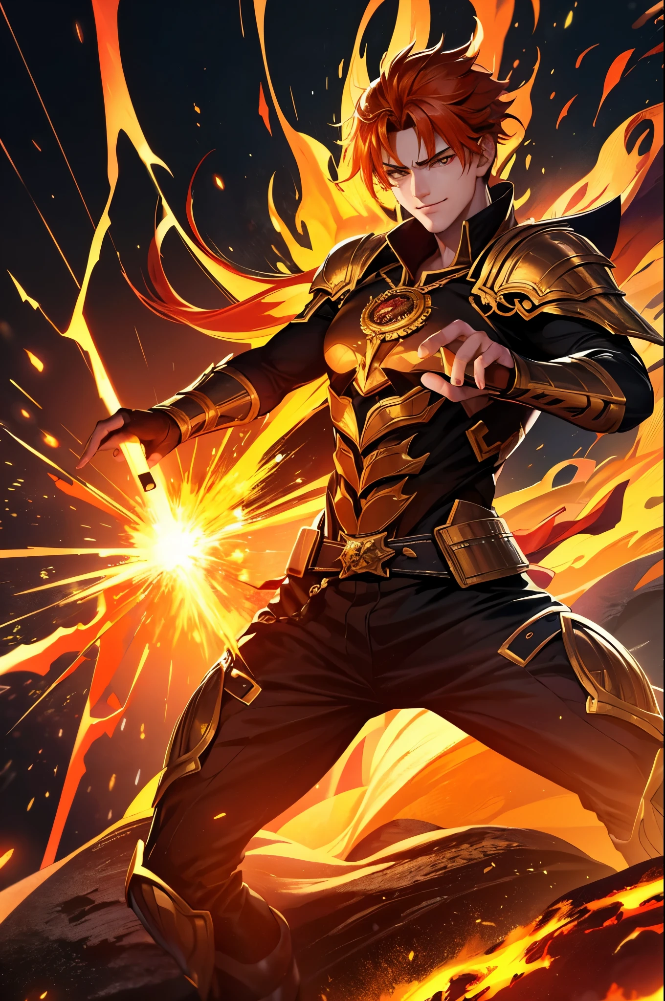 8K,A very young boy, the God of Fire, clothed in the energy of a 16-year-old.,Super handsome(Like the real thing),He looks at the audience with a fearless smile.,Orange Hair,Orange Flame Armor(Fire God Crest),Orange Flame Gauntlet(Fire God Crest),Orange Flame Leg Guards(Fire God Crest),Dark and desolate land,Photorealistic RAW photos of the highest quality。Bright colors,Rich colors, Backlight, Cinema Lighting, Film Grain, 50mm lens, Nikon D850,Realistic Skin,Fantasy art,Character Art,Ultra-high resolution,Realistic Skin,Extremely strong and defined abs,bulging muscles,A 16-year-old boy who is the god of fire,Golden Eyes,Black Flame God Outfit(Orange flame emblem filigree),