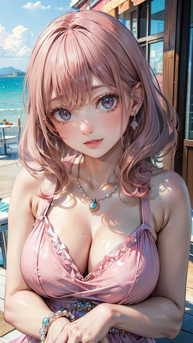 (Masterpiece, BestQuality:1.3), (ultra detailed:1.2), (hyperrealistic:1.3), (RAW photo:1.2), High detail RAW color photo, professional photograph, (Photorealistic:1.4), (realistic:1.4), (Pink Hair:1.5), professional lighting, perfect anatomy, (Big Breasts:1.2), (blush, detailed face), (cheerful Smile:1.5), Trending Hair&Trending Hairカラーをランダムに, earrings, necklace, bracelet, sexly, erotic sexly, Random sexy gravure poses, (In a seaside café、Beautiful woman in a pink chiffon dress smiles on a cafe terrace。Seaside café in the background、Accessories: pearl earrings。: 1.3)