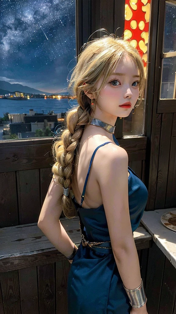 (8k, RAW photo, best quality, masterpiece), (realistic, photo realistic:1.25),
(ultra-detailed blonde hair),weary look,(standing,Forward bend,From behind, looking away:1.3)
bianca, dq5, (long hair, blonde combed hair,tangle_free hair, single braid, hair over shoulder), blue eyes, huge breasts,green dress, cleavage, jewelry, earrings, choker,orange cape, bracelet,
,(at night,inside the house,Look up at the sky through an open window,Starry skyat night:1.2)