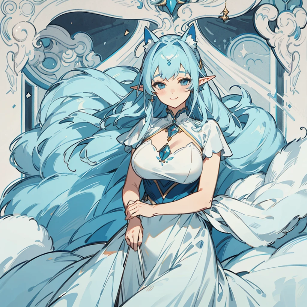 Beautiful, masterpiece, light blue hair, long hair, deep blue dress, noble, gentle smile, royal advisor, elf ears, big breasts