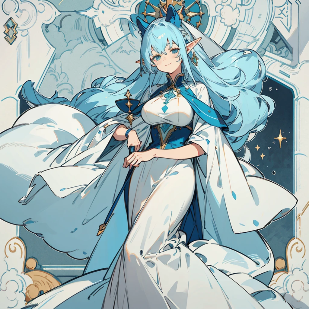 Beautiful, masterpiece, light blue hair, long hair, deep blue dress, noble, gentle smile, royal advisor, elf ears, big breasts