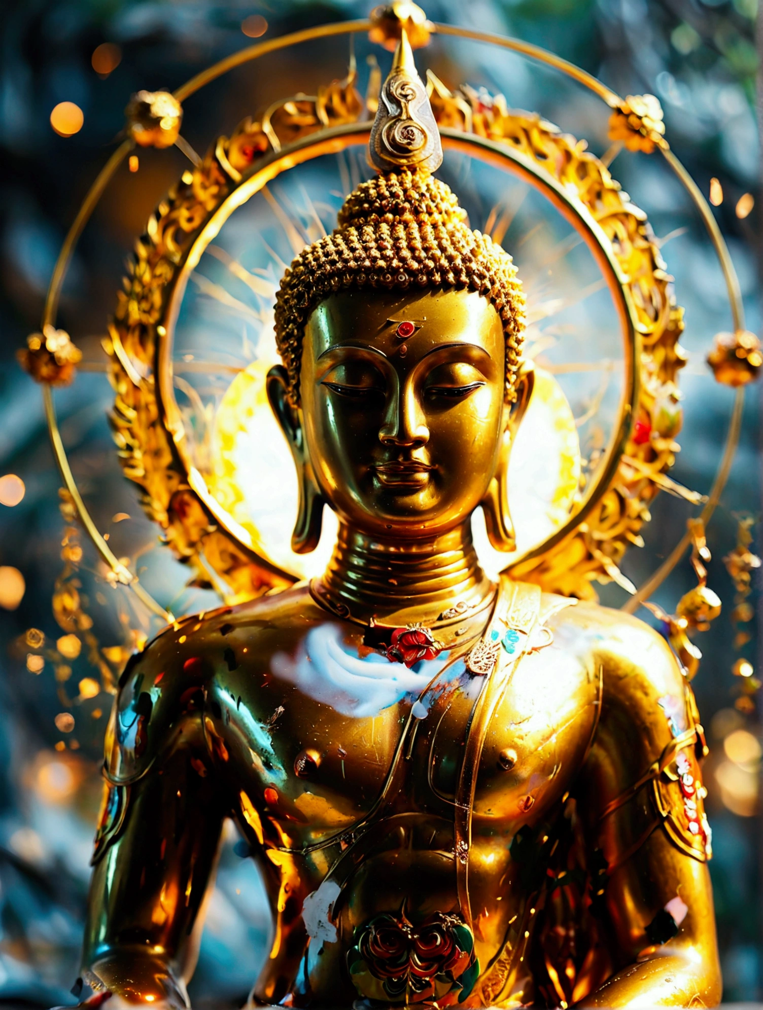 Golden Buddha statue with the halo of the sun god,Golden,Golden背景,
