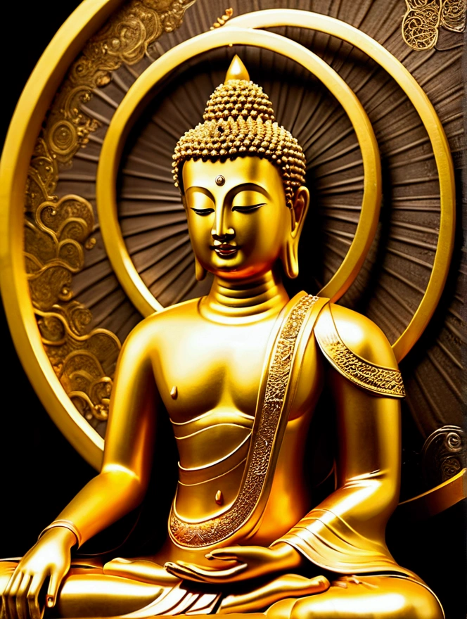 Golden Buddha statue with the halo of the sun god,Golden,Golden背景,