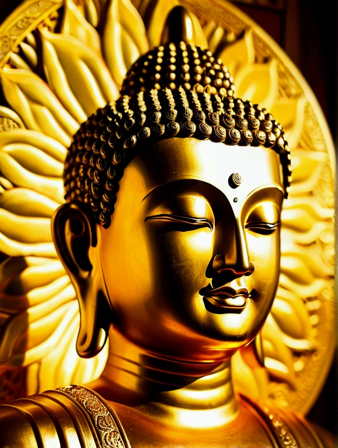 Golden Buddha statue with the halo of the sun god,Golden,Golden背景,