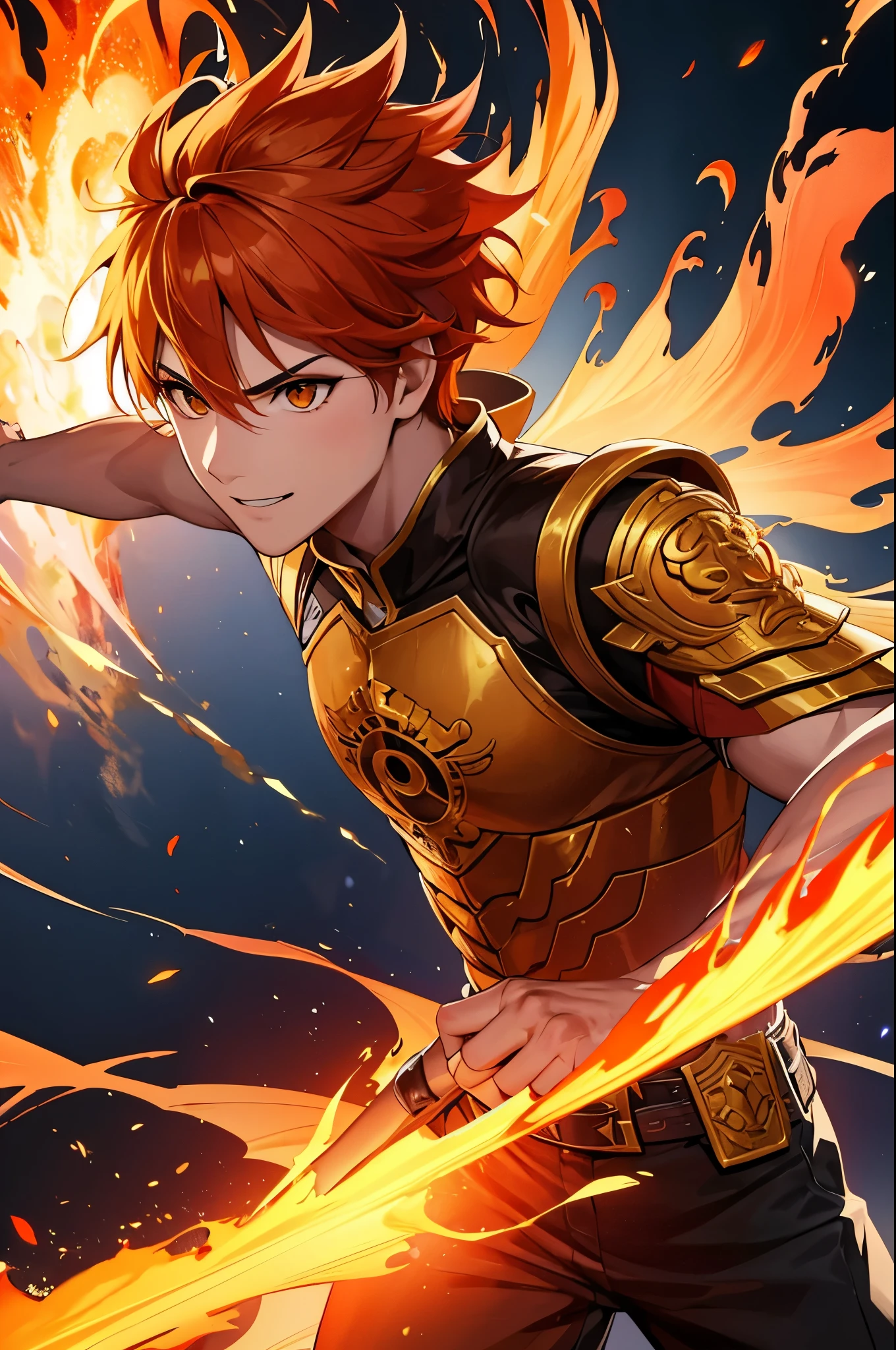 8K,A very young boy, the God of Fire, clothed in the energy of a 16-year-old.,Super handsome(Like the real thing),He looks at the audience with a fearless smile.,Orange Hair,Orange Flame Armor(Fire God Crest),Orange Flame Gauntlet(Fire God Crest),Orange Flame Leg Guards(Fire God Crest),Dark and desolate land,Photorealistic RAW photos of the highest quality。Bright colors,Rich colors, Backlight, Cinema Lighting, Film Grain, 50mm lens, Nikon D850,Realistic Skin,Fantasy art,Character Art,Ultra-high resolution,Realistic Skin,Extremely strong and defined abs,bulging muscles,A 16-year-old boy who is the god of fire,Golden Eyes,Black Flame God Outfit(Orange flame emblem filigree),