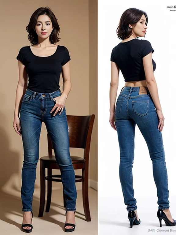 Detailed character sheet, Front view, Side view, Oblique view, with a white returnground, show women, 30 years old, with short dark brown hair combed return, Light casual clothing, Wearing tight denim jeans. The seat includes different angles, Front desk etc.., return, and Side views, Model and Reference Sheets, Full body painting. The ratio is based on 7.5 Head Scale.