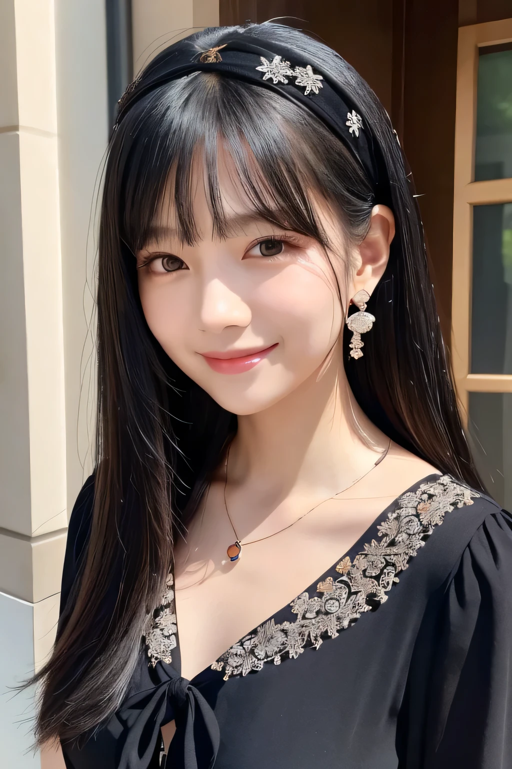 young woman、Black Hair、、hairstyle semi long、ear piercing、Necklace around the neck、blouse、Emphasize the chest、smile、Intricate details, Very detailed:1.2), 、hair band、 Looking into the camera、The background is the office