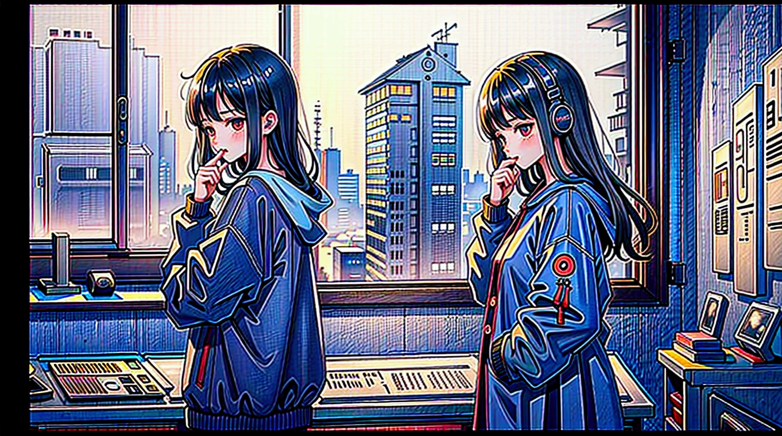 1 Girl, 90s anime style, night, Studio Room, 都会のnight景、Girl wearing headphones, late night room, Listening to music alone, City Pop, high quality, Detailed finger shapes、Natural finger shape、Lo-Fi, Chill, late night, Single room, Dark Room, futuristic night view outside the window, Dark Room