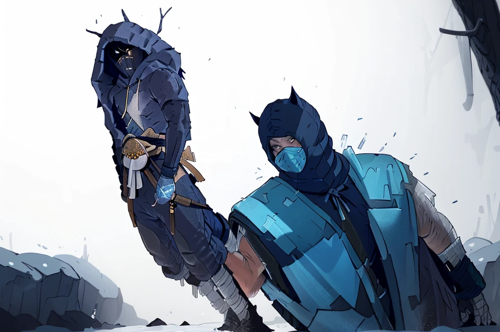 a highly detailed, realistic and cinematic portrait of Sub-Zero from Mortal Kombat, full body, standing pose, dark blue and white color scheme, ninja outfit with fur hood, ice sword in hand, icy mist surrounding, dramatic lighting, hyper-realistic, extremely detailed facial features, piercing gaze, confident and powerful expression, cinematic angle, sharp focus, 8K resolution, photorealistic, realistic ice effects, masterpiece