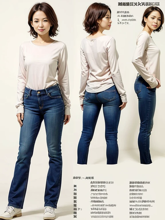 Detailed character sheet, Front view, Side view, Oblique view, with a white returnground, show women, 30 years old, with short dark brown hair combed return, Light casual clothing, Wearing tight denim jeans. The seat includes different angles, Front desk etc.., return, and Side views, Model and Reference Sheets, Full body painting. The ratio is based on 7.5 Head Scale.