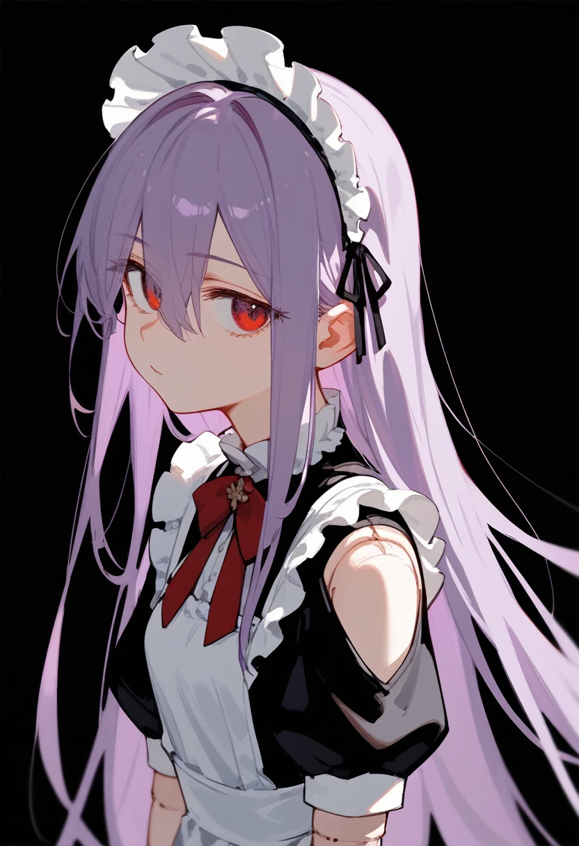 (score_9, score_8_up, score_7_up), 1girl, Upper body, maid outfit, absurdly long hair, light purple hair, long bangs, hair between eyes, eyes visible through hair, red eyes, doll joints, looking at viewer, neutral, innexpressive, small breasts, standing, arms on sides, head tilt, black background, simple background