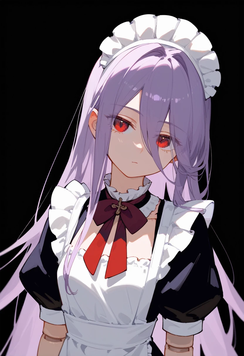 (score_9, score_8_up, score_7_up), 1girl, Upper body, maid outfit, absurdly long hair, light purple hair, long bangs, hair between eyes, eyes visible through hair, red eyes, doll joints, looking at viewer, neutral, innexpressive, small breasts, standing, arms on sides, head tilt, black background, simple background