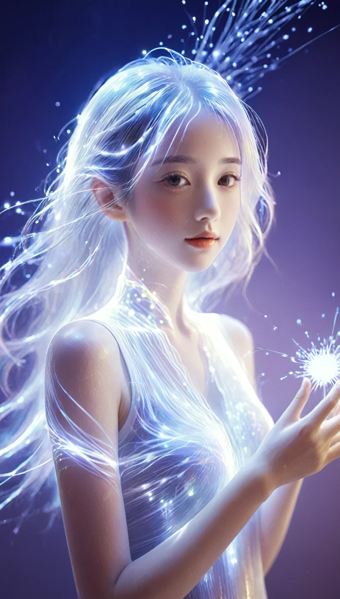 bailing_particles,bailing_lines,Lines of light,Particles of Light,A girl made of particles,The density of lines at the finger part is high,(white hair:0.3),