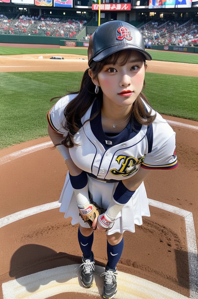 (masterpiece, ultra-detailed, ultra-realistic, best quality, clear focus, photorealistic), solo, 1 woman, (ultra-high resolution, 8k, 16k:1.3), (full body:1.3), (very wide shot), (perfect anatomy:1.3), perfect face, (detailed face, detailed eye), (22 years old Japanese idol but professional baseball player:1.3), (wearing a colorful with cute famous team's uniform is made of very thick leather:1.2), (extremely tight fitting:1.3), (Playing baseball at large stadium with a full house:1.2), (large breasts:1.2), slim waist, (very beautiful with very cute but cool face), (Bad girl:1), cool girl atmosphere, makeup, eyeliner, (dynamic angle:1.3), (face focus:1.1), very slender but very muscular, very broad shoulders, painful expressions, dynamic pose baseball