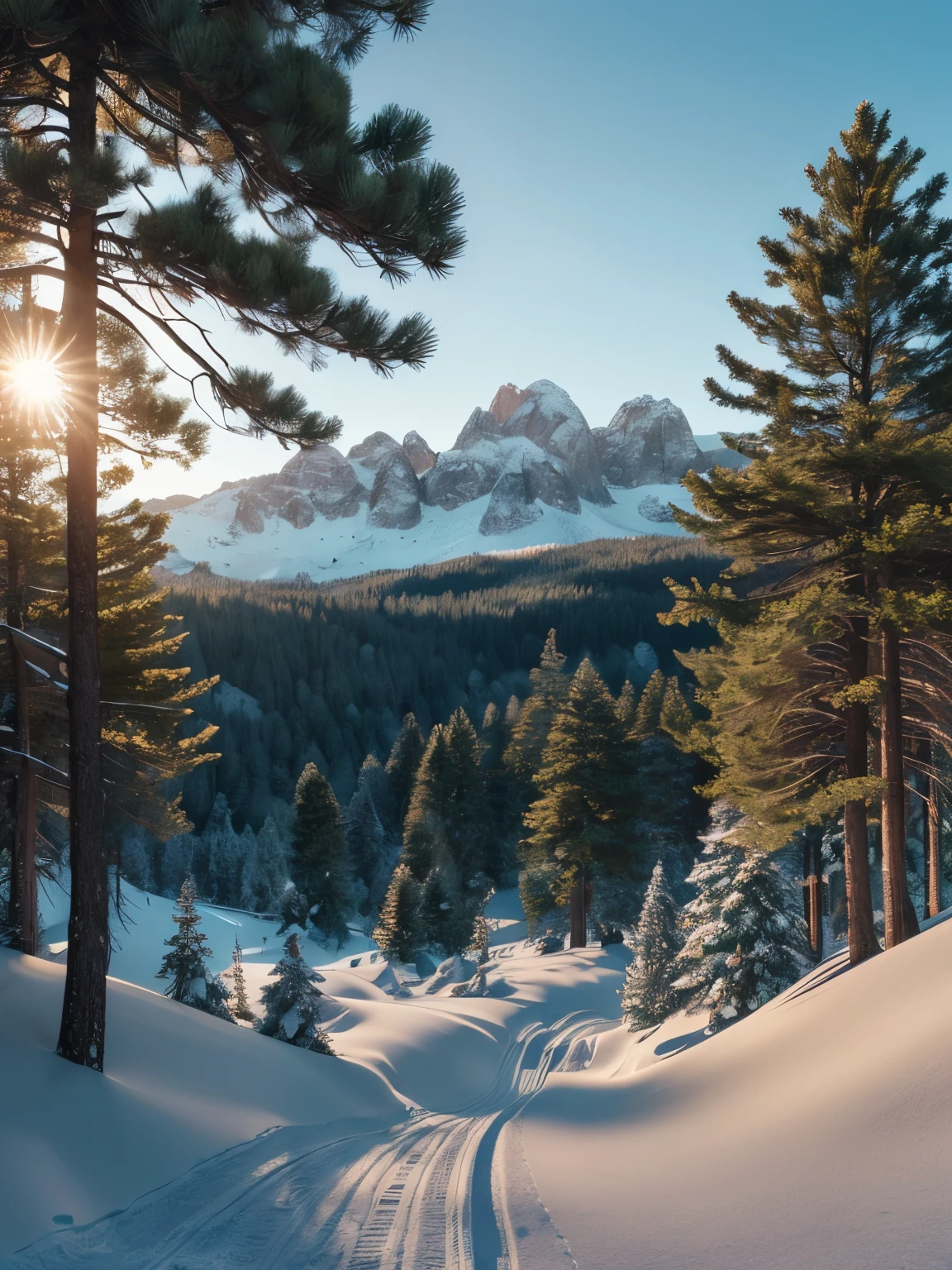 Mountain valley landscape, ((Pine trees at the foot of the mountain)), ((Snow on the top of the mountain)), Cinematic, 8K, detailed, Realistic, Octane Rendering, (((Intricate details)), High resolution, ((Intricate details, hyperdetailed)), photoRealistic, ultraRealistic, Realistic shadows, Realistic lighting
