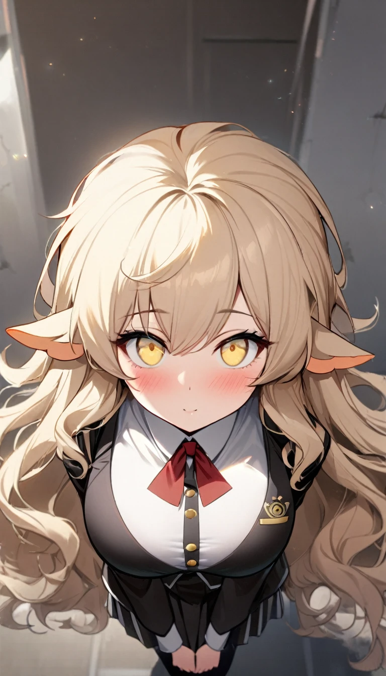 1girl,solo,twisted corner,sheep ear,fluffy hair,long hair with a lot of hair,cream hair color,light yellow eye color,Calm face,docile face,blush,huge breasts,slender,Vertical lines academy uniform,short stature,looking at viewer,Taken from the viewpoint above,upturned eyes,standing up,academy
back ground