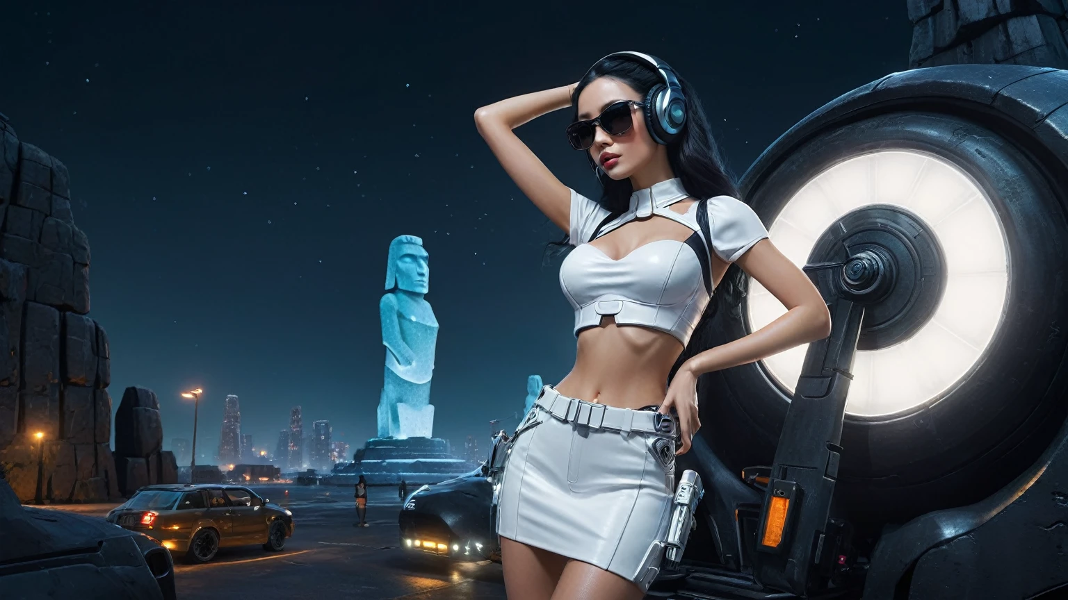 At night, dark sky, distant shot aerial view of fantasy cyberpunk style ice ((Moai-statue)) city, ((flying car)). ((1girl, solo, alone)), medium-breast:1.1 slim body, cleavage, sexy clothes, (headphone, black sunglasses, long black realistic hair), (((hip-up standing and holding pistol))), (((((half-body thigh level medium shot))))), cinematic lighting, lens flare, ray tracing.