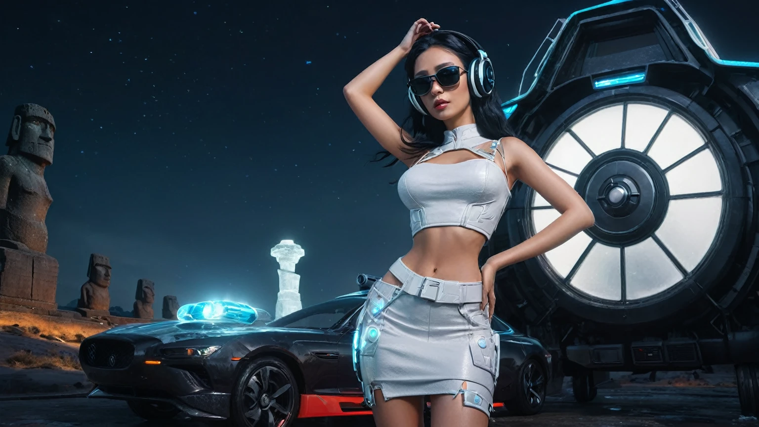 (aerial view, a flying cars docking platform, a very dark abandoned futuristic city, neon lights), rainy night. 1girl, solo, alone, large-breast:1.2 slim body, cleavage:1.1, sexy wind blowing wet dress:1.4, (headphone, black sunglasses), (((((she raised:1.8 a pistol:1.8 and took aim at viewer))))), dynamic pose, (((half-body thigh level medium shot))), cinematic lighting, lens flare, ray tracing.