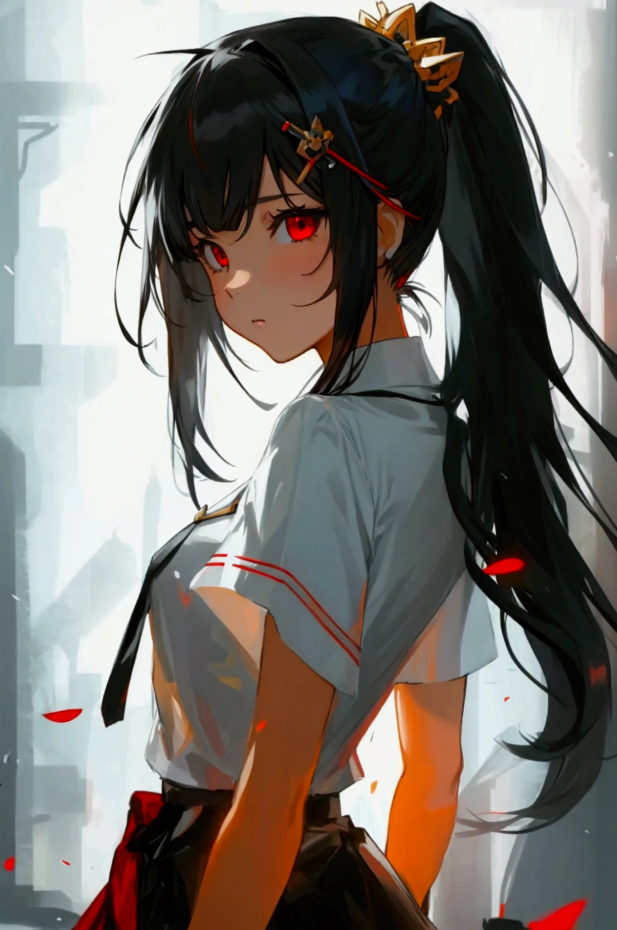 1 girl, long hair, ponytail, anime, black hair, long bangs, hair ornament, white shirt, black pantyhose, red eyes, detailed, , black skirt,