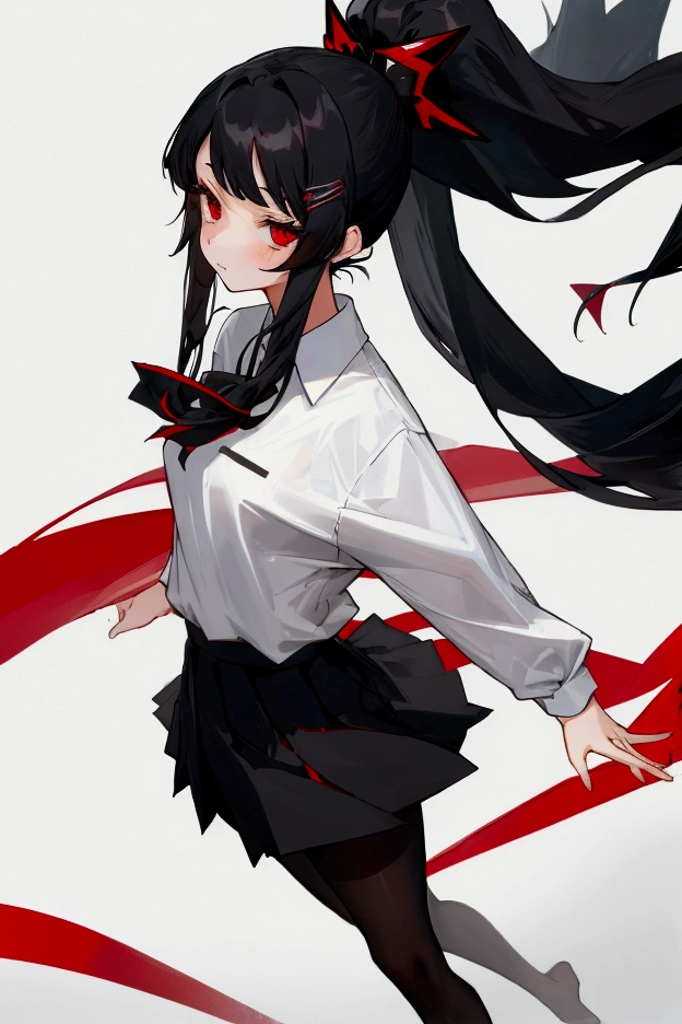Masterpiece（（tmasterpiece）），Kizi，（Translucent white shirt），（（black micro skirt）），A black tie，（Translucent black silk），adolable，is shy，（Toothy and earless）（Black and red gradient hair，long whitr hair），long leges，Wide open chest，Nice red eyes