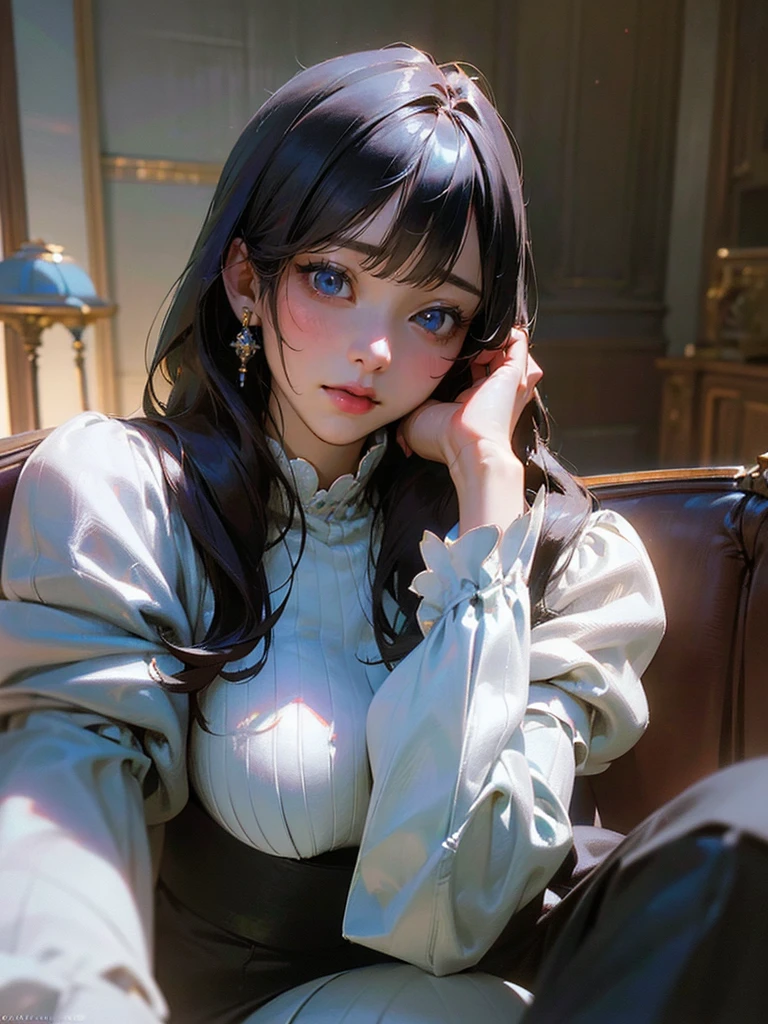 1 girl, beautiful detailed eyes, beautiful detailed lips, extremely detailed face and eyes, long eyelashes, black straight hair, blue eyes, pretty, sitting on a chair, voluptuous, big chest, skinny but curvy, wearing a puffy sleeved uniform, jewelry, 3D, (best quality,4k,8k,highres,masterpiece:1.2),ultra-detailed,(realistic,photorealistic,photo-realistic:1.37), dramatic lighting, vibrant colors, intricate details, elegant, fantasy, concept art