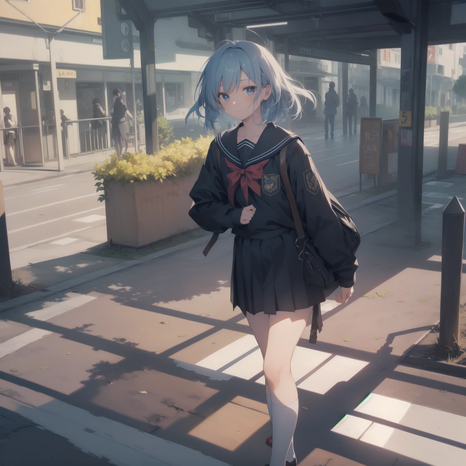 ultra-absurdres-Top quality by artist God, ultra-detailed, high resolution, anime moe artstyle, best anime 8k konachan wallpaper, pixiv contest winner, pool:2810, perfect anatomy,break, 1girl, (Please draw a girl walking sleepily to school alone. )break,(Solo,little female, 13-year-old:1.3),Full limbs, complete fingers,a junior high school student, (very short hair), short cut, flat chest, , small butt, small black eyes, beautiful detailed eyes, well-proportioned iris and pupils, expressive eyes, highres detailed hair, soft expression, salor school_uniform, sailor collar, serahuku, bow, pleated skirt,(Detailed Lighting), (Detailed background), in the School commute route. break,super detailed skin, Best cinematic lighting powered by famous artist, 8k,beauty illustration,photoshop_(medium),very aesthetic,break,((artist:miyo_(ranthath) )), artist:clamp ,artist:carnelian ,artist:kantoku ,