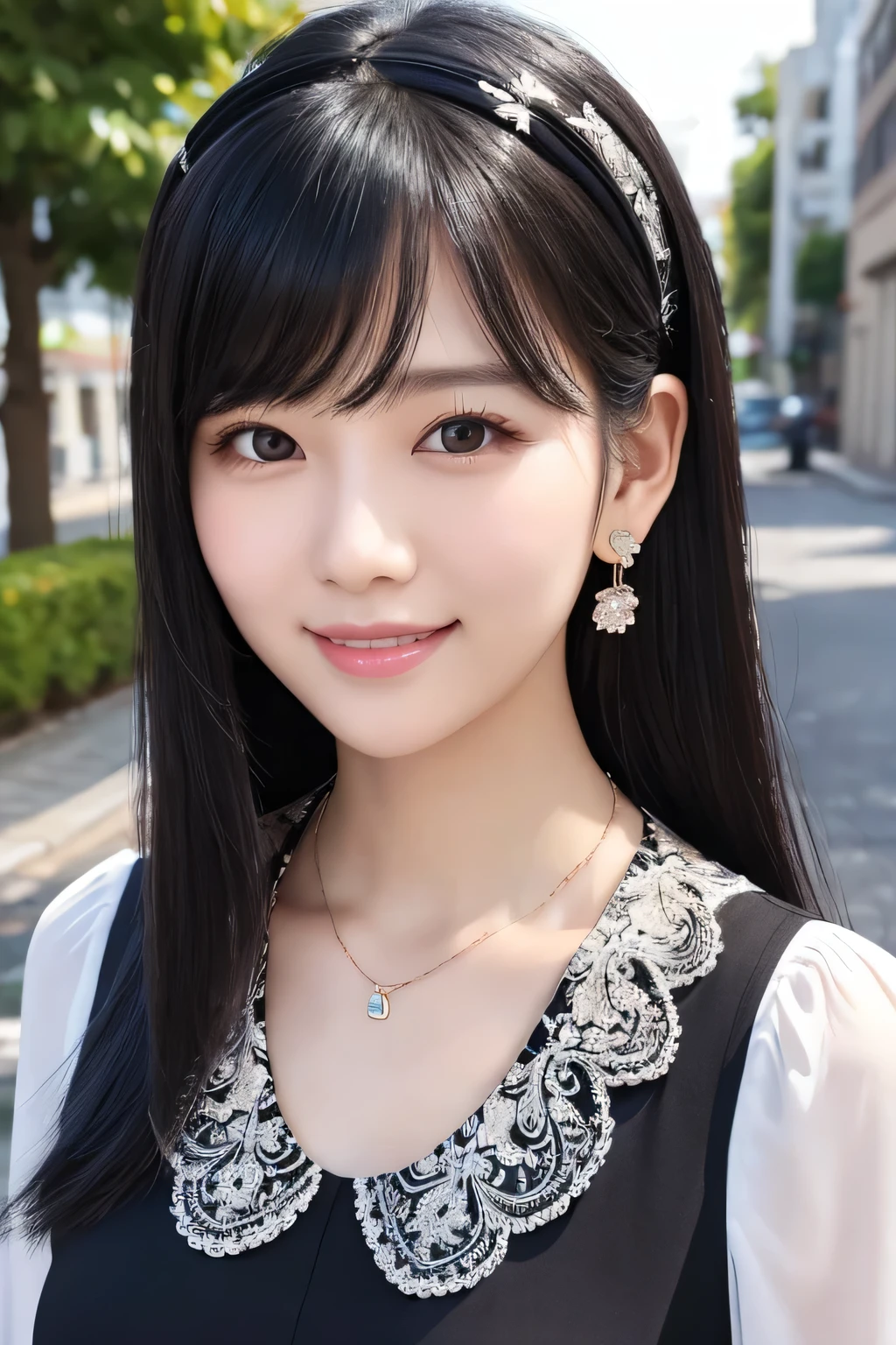 young woman、Black Hair、、hairstyle semi long、ear piercing、Necklace around the neck、blouse、Emphasize the chest、smile、Intricate details, Very detailed:1.2), 、hair band、 Looking into the camera、The background is the office

