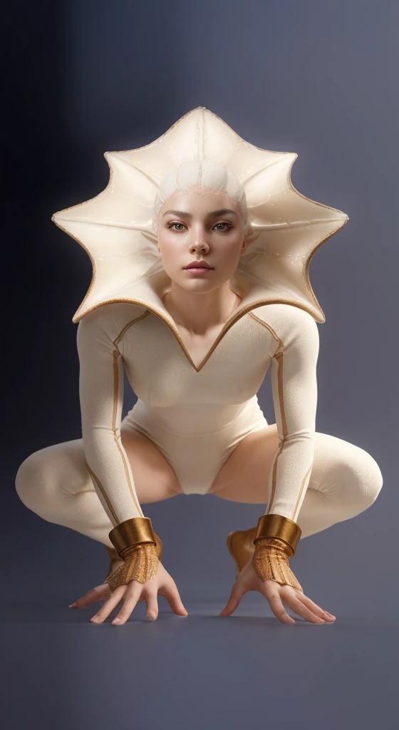 Actual scale full body image. Extraterrestrial starfish, velvety skin, her smooth face, it is human, it is in the middle of her head, which is creamy white with brown edges. Brown eyes, small, shaped nose, thin. She wears a cream-white tight-fitting outfit with brown sleeves and hems. Photorealism, full view, very detailed image, very realistic, hyperrealism, cinematography, Ultra HD, 8k, Unreal Engine 5, sharp focus, intricate and mysterious masterpiece. (Long exposure photography Highly detailed, high-detailed close-up portrait art illustration - Final quality medium shot, backlit, rich and eye-catching. Enigmatic and mysterious manipulations (rule of thirds composition), ((detailed environment with lines strong), Better quality, on camera, white light, warm and clean aesthetics, dazzling screen composed of millions of bright ultraviolet lights, HDR.