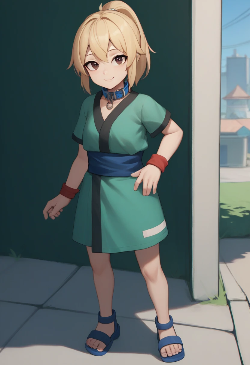 TsunadeSenju, 4k, absurd, high resolution, very high resolution, high definition, masterpiece, 1girl, solo, looking at viewer, smile, blonde hair, brown eyes, closed mouth, ponytail, outdoors, she wore green mesh tiny shirt and over it a mini green-coloured kimono with short sleeves and pink-lining around the collar which she secured with a blue sash. She also wore red wristbands and white wrapping over her calves with blue sandals., (lora:EMS-401777-EMS:0.800000), younger