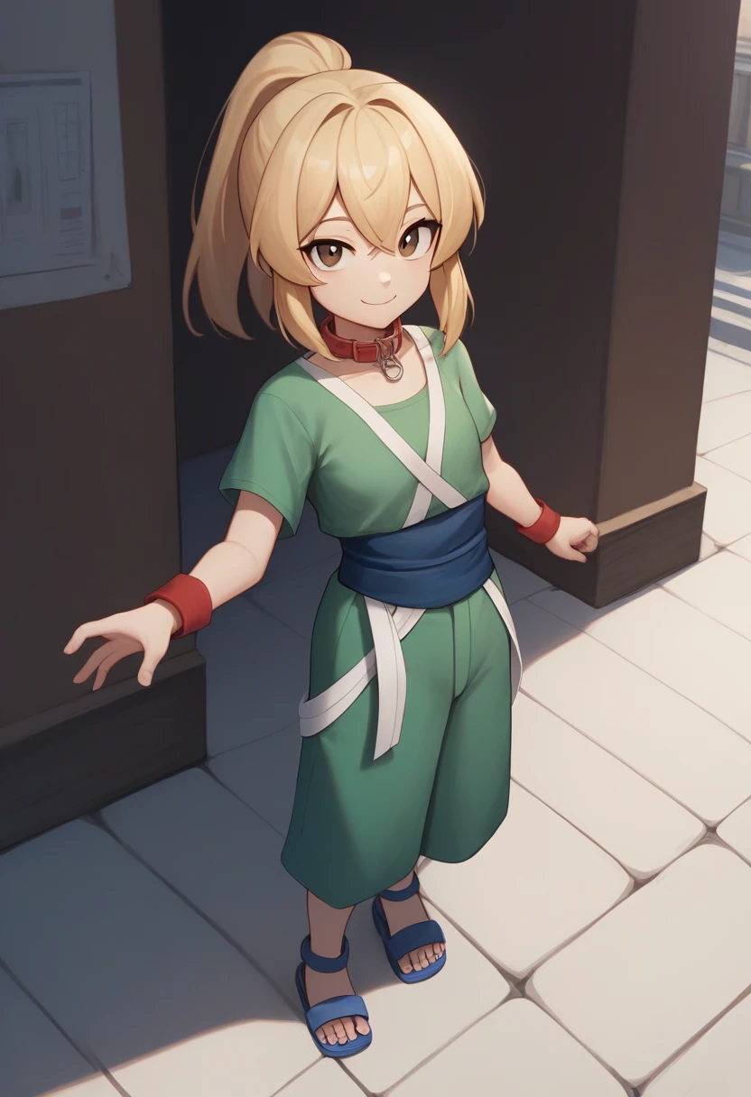 TsunadeSenju, 4k, absurd, high resolution, very high resolution, high definition, masterpiece, 1girl, solo, looking at viewer, smile, blonde hair, brown eyes, closed mouth, ponytail, outdoors, she wore green mesh tiny shirt and over it a mini green-coloured kimono with short sleeves and pink-lining around the collar which she secured with a blue sash. She also wore red wristbands and white wrapping over her calves with blue sandals., (lora:EMS-401777-EMS:0.800000), younger