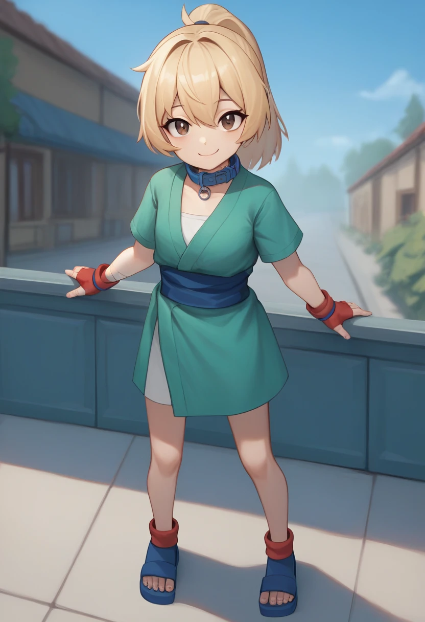 TsunadeSenju, 4k, absurd, high resolution, very high resolution, high definition, masterpiece, 1girl, solo, looking at viewer, smile, blonde hair, brown eyes, closed mouth, ponytail, outdoors, she wore green mesh tiny shirt and over it a mini green-coloured kimono with short sleeves and pink-lining around the collar which she secured with a blue sash. She also wore red wristbands and white wrapping over her calves with blue sandals., (lora:EMS-401777-EMS:0.800000), younger