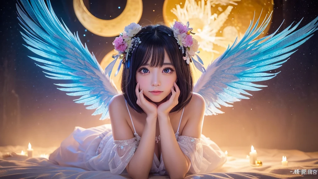 1920×1080、Real-life reality、heaven、Fantasy、Wrapped in dazzling light、眩Shiiほどの黄金色の光が降り注ぐ、god々Shii、Fantasy、Spreading its large wings、cute、Beauty、Adult female、Big Eyes、一人の美Shii天使の全身の画像を作ってください