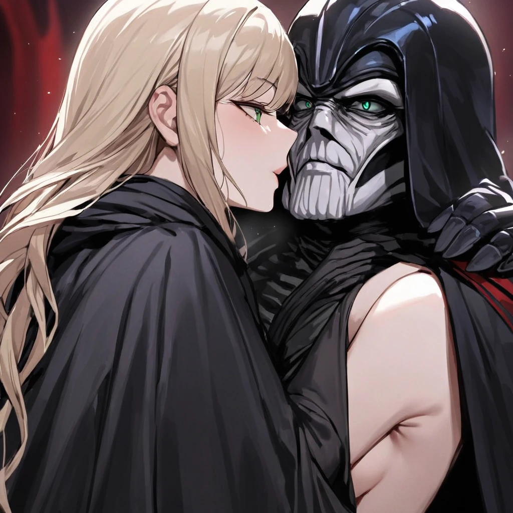 ((Highest quality)), ((masterpiece)), (detailed), （Perfect Face）、The woman is Tiare, a beautiful Space Imperial Army officer with green eyes and medium-long blonde hair, wearing a Space Imperial Army uniform and military cap.、The woman pledges her loyalty to Emperor Palpatine, and they embrace, love, and kiss.、The woman is standing close to the Emperor, and the dignified old Emperor Palpatine is holding her close, kissing her and loving her.、The man is Darth Sidious, Emperor Palpatine, Dark Lord of the Sith, a wrinkled, dignified, ugly old man wearing a black hooded robe, embracing, kissing and fondling a woman.