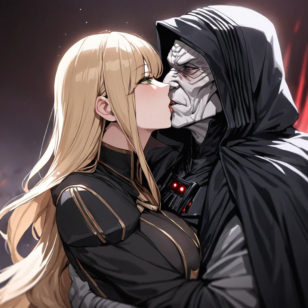 ((Highest quality)), ((masterpiece)), (detailed), （Perfect Face）、The woman is Tiare, a beautiful Space Imperial Army officer with green eyes and medium-long blonde hair, wearing a Space Imperial Army uniform and military cap.、The woman pledges her loyalty to Emperor Palpatine, and they embrace, love, and kiss.、The woman is standing close to the Emperor, and the dignified old Emperor Palpatine is holding her close, kissing her and loving her.、The man is Darth Sidious, Emperor Palpatine, Dark Lord of the Sith, a wrinkled, dignified, ugly old man wearing a black hooded robe, embracing, kissing and fondling a woman.