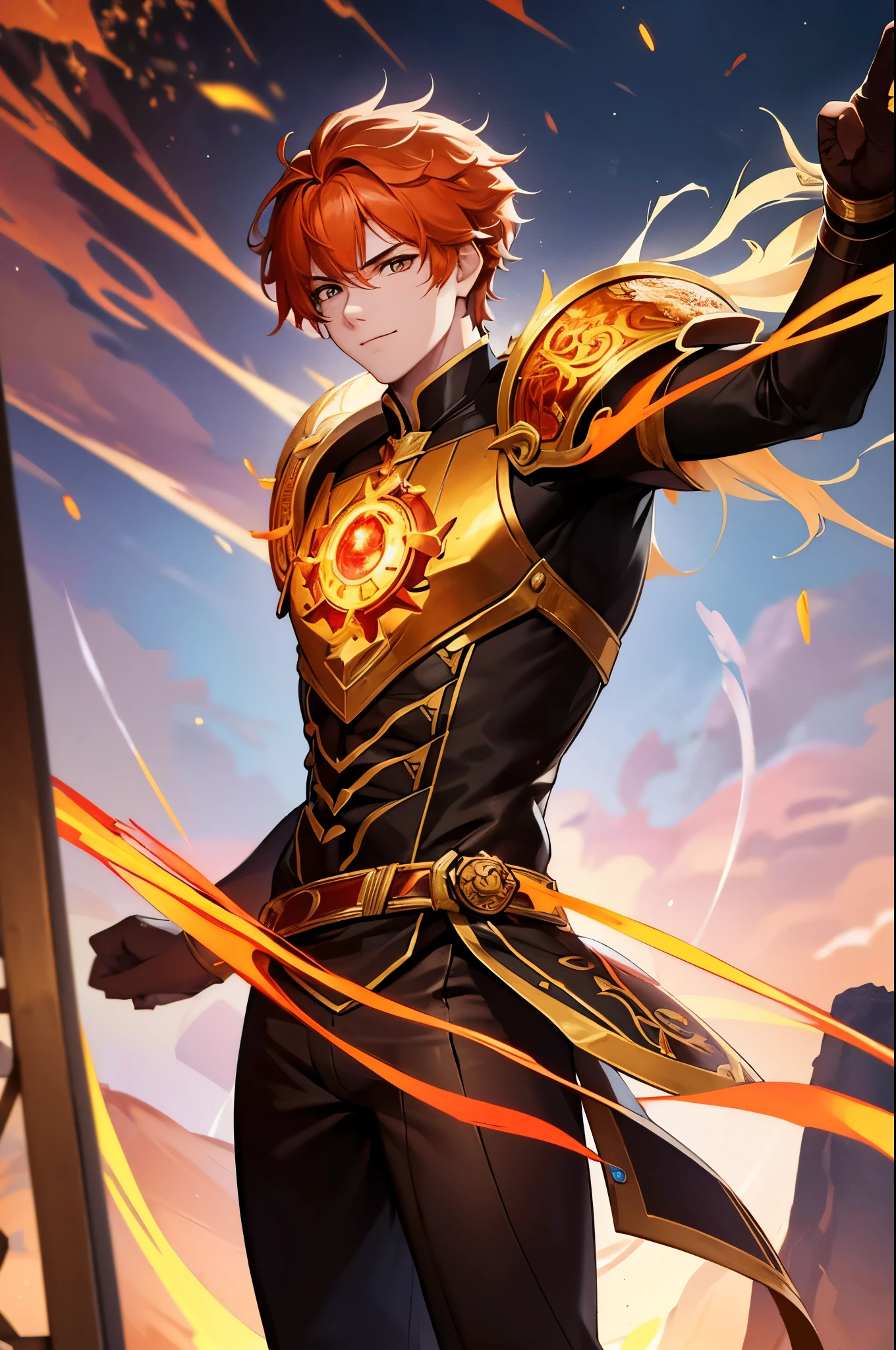8K,A very young boy, the God of Fire, clothed in the energy of a 16-year-old.,Super handsome(Like the real thing),He looks at the audience with a fearless smile.,Orange Hair,Orange Flame Armor(Fire God Crest),Orange Flame Gauntlet(Fire God Crest),Orange Flame Leg Guards(Fire God Crest),Dark and desolate land,Photorealistic RAW photos of the highest quality。Bright colors,Rich colors, Backlight, Cinema Lighting, Film Grain, 50mm lens, Nikon D850,Realistic Skin,Fantasy art,Character Art,Ultra-high resolution,Realistic Skin,Extremely strong and defined abs,bulging muscles,A 16-year-old boy who is the god of fire,Golden Eyes,Black Flame God Outfit(Orange flame emblem filigree),